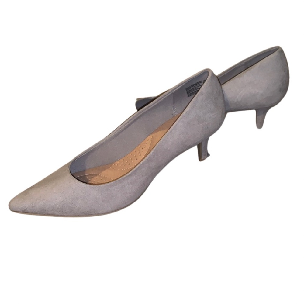 gray pointy-toe faux suede 1 1/2 inch heel